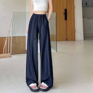 JIANGLU | Summer Ice Silk Wide Leg Pants High Waist Straight Cut Lightweight Breathable Jeans Style Womens Long Trousers
