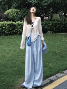 Quần Ống Rộng Bằng Lụa Băng Dài Thường Ngày Cho Nữ Cỡ Lớn Mùa Hè 2024 Quần Ống Rộng Cạp Cao Rộng Rãi Dài Đến Sàn