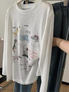 เสื้อยืดผู้หญิงแขนยาวผ้าลินินบางระบายอากาศได้ดี ลายสก็อต ทรงหลวม ฤดูร้อน 2025 ผลิตในจีน ผ้าฝ้ายผสมโพลีเอสเตอร์