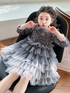 ชุดเดรสเจ้าหญิงฤดูใบไม้ร่วงสำหรับเด็กผู้หญิง ชุดราตรี ชุดกระโปรงยาว แขนยาว กระโปรงทรงเอ เดรสยาวปานกลาง