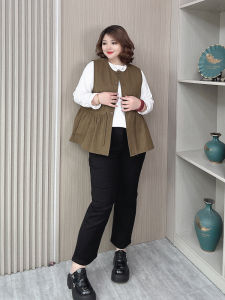 Fall Fashion plus Size Womens Drawstring Waist Vest Jacket Loose Slimming Belly Covering Sleeveless Vest Korean Style round Neck