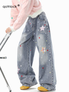 QOTRIOCK | American Vintage Star Embroidery Jeans Casual Loose Fit Trousers