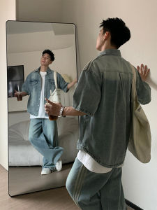 Holocene American Style Retro Denim Shirt Set Mens Short Sleeve Cool Fashionable Youth Casual Cotton Polyester Blend Summer Wear