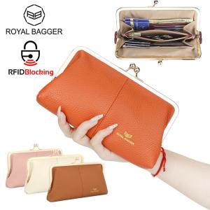 Royal Bagger Dompet Kiss Lock dengan RFID Tempat Kartu Warna Solid Berslot Multi-kartu Dompet Genggam dari Kulit Asli untuk Wanita 3468