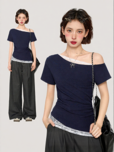 BAIDAIFEI | Off Shoulder Slim Fit Lace T-Shirt Short Crop