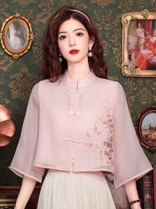 New Chinese Style Tang Suit Chiffon Shirt Womens Summer Small Machine Embroidery Shirt High-End Temperament Cheongsam Top