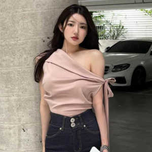 Áo Thun Tay Ngắn Không Dây Thắt Nút Bướm Thanh Lịch Mùa Hè Mới Thiết Kế Ôm Sát Màu Trơn Cổ Chéo Áo Thun Nữ