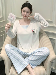 Womens Striped Sleepwear Long Sleeve Modal Cotton Home Clothes Cute Sausage Dog Pattern with Chest Pad Comfortable Spring Autumn