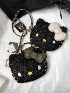 Kitty Mini Crossbody Chain Bag Cute Japanese Style Black Shiny Cat Coin Phone Bag Spring Summer New Fashion Soft Shell Handbag