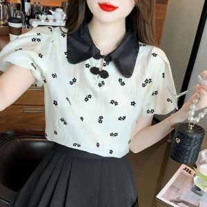 AMMIN เสื้อโปโลคอปกแขนสั้นวินเทจลายลายดอกเสื้อชีฟองหญิงใหม่หวานแหววกระดุมจานจีนพิมพ์ลายดอกเดซี่เล็กฤดูร้อน