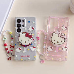 Sanrio | Magnetic Glitter Color Wave Point KT Head Phone Case for Samsung Galaxy S23 Ultra S24 S25 FE S26 Plus Ultra Hard Phone Cover