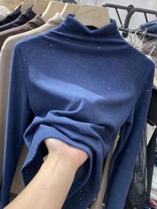 Áo Thun Nữ Cổ Cao Lót Lông Cừu Dày Thời Trang Thu Đông Dài Tay Bóng Râm Lấp Lánh Chất Liệu Polyester Thường Ngày