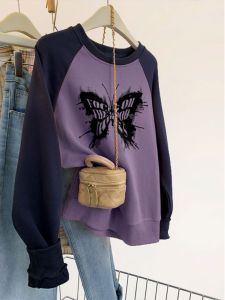 Hong Kong Style Chic Oversized Fleece Lined Hoodie Womens Retro American Loose Fit Autumn Winter Outerwear plus Size