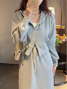 Autumn Clothing Matching a Whole Suit Womens Fashion Casual Hooded Sweatshirt Skirt Denim Casual Wear Match Preppy Style Two-piece Set