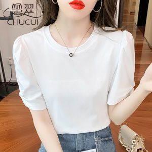 White Bubble Sleeve Short Sleeve T-Shirt Womens Fashionable Commute Style Slim Fit Summer Top New Arrival 2025