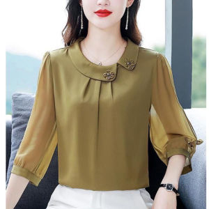 Summer New Arrival Western Style High-End plus Size Chubby Girl Solid Color Three-Quarter Length Sleeve Chiffon Shirt Loose Slimming Belly-Covered Elegant Small Shirt
