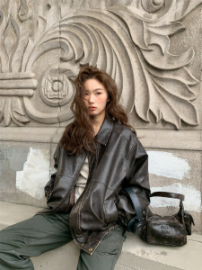 NIHAOKANONG | Áo Khoác Da Ngắn Retro Vintage Dễ Thương Ấm Áp