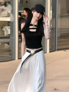 Elegant A-Line Midi Skirt for Women Summer New Style Folded Bloomer Design Versatile Long Skirt High Waist Pure Color