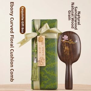 Ebony Cushion Paddle Brush with Carved Painted Design