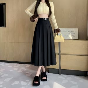 High Waist A-Line Suit Skirt Womens Autumn Long Pleated Miniature Height Illusory High Waist Drapey Polyester Long Skirt