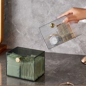 Luxury Style Transparent Cosmetic Storage Box Cotton Swabs Makeup Sponge Desktop Organizer Flip Cover Divided Compartment