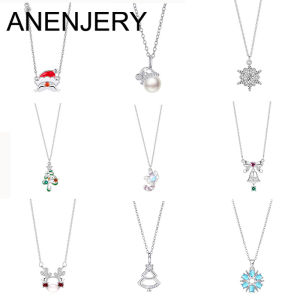 ANENJERY 316L Stainless Steel Zircon Deer Snowflake Tree Snowman Fireplace Necklace For Women Exquisite Christmas Jewelry Gifts