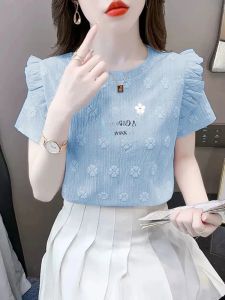 Loose Blue Short Sleeve T-Shirt Women Summer Fashion 2025 New Design Lace Edge Shoulder Borehole round Neck Polyester Fabric