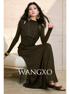 WANGXO | Áo Sweater Lông Cừu Lụa Bóng Giả Hai Mảnh & Chân Váy Xòe