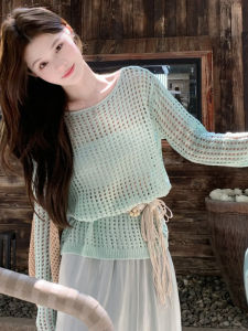 BINKAFENNY | Green Hollow Out Round Neck Knitted Cover Up Loose Summer Top Womens Air Conditioned Lightweight Sleeveless Design Sense