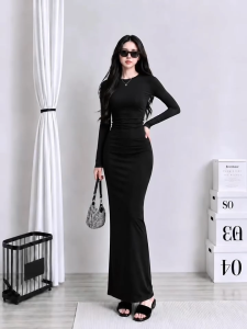 Set áo cổ tròn tay dài kèm Chân váy bút chì KVYBODY S40 chất thun cotton borip lụa dày mịn co giãn