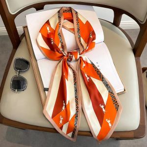 Luxury Design Long Silk Scarf Women Summer Fashion Bag Handle Ribbon Ladies Horse Print Headband Small Hair Scarves Female