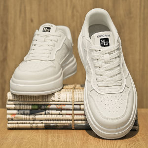 Mens Breathable Sporty Casual Shoes Trendy Youth Thick Bottom Slip-On round Toe Rubber Outsole PU Leather Mesh Inner