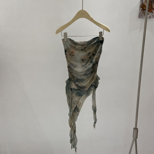 Vintage Tie-Dye Lace Edge Irregular Tank Top for Women New Summer Korean Style Slim Fit Red Hot Mesh Shirt Trendy