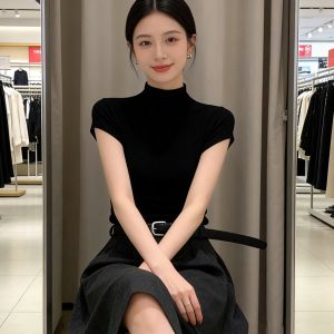 V.C.I | Slimming High Neck Black Short Sleeve T-Shirt Small Flounce Icy Silk Knit