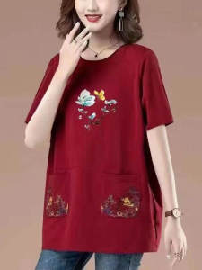 QIAOXIZI | Mid-Length Short Sleeve Loose T-Shirt for Middle-Aged Women