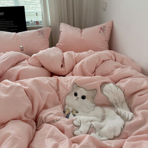 Pink Cat Embroidery Bedding Set Soft Washed Cotton Quilt Cover Dormitory Three Piece Set Three Piece Set Bedding Towel Stitch