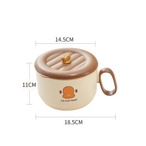 Large Capacity Stainless Steel Noodle Bowl with Lid Cute Handle Convenient Soup Bowl Dormitory Student Meal Box Cartoon Design