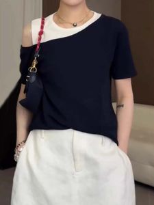 Plus Size Color Blocking Illusion Layered Off-Shoulder Short Sleeve T-Shirt