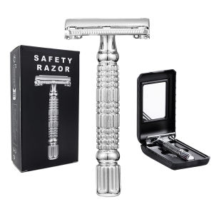 Butterfly Open TTO Double Edge Metal Safety Razor Wet Shaving Kit for Men Women with 5 PCS Blade and Mirrored Travel Case