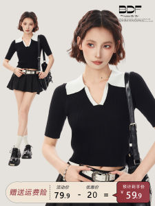 Black V-Neck Knitted Short Sleeve Slim Fit Polo Shirt Womens Summer Top Half Sleeve Turn-down Collar Commute Style T-Shirt