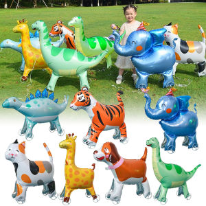 Walking Animal Balloons with Wheels Inosaur Elephant Tiger Giraffes Dinosaurs Foil Balloon for Kids Birthday Jungle Safari Theme Party Decorations