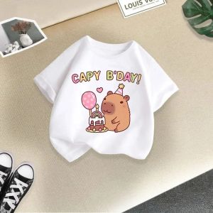Bandai | Summer New Girls T-shirt Short-sleeved Childrens Round Neck Loose Cute and Stylish Capybara Print Casual Top Kids Modal