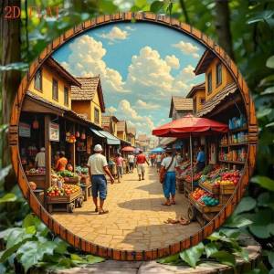 KoreaVillage 3D Korean Traditional Market Wall Art Vintage Seoul Sakura Scene Metal Round Decor
