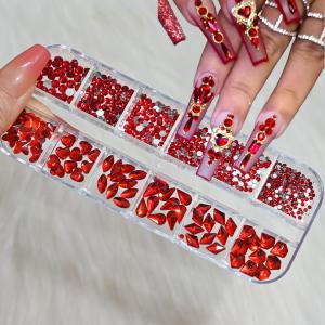 12Grids 3D Red Nail Art Rhinestones Mixed Heart/Butterfly/Round/Drop Glass Diamonds DIY Manicure Nail Art Decorations Accessorie