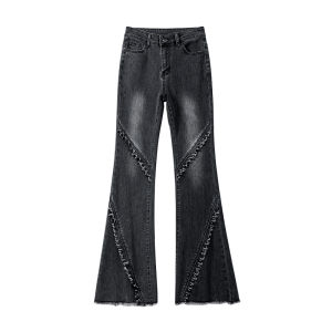 High Waist Bell Bottom Jeans Womens Dark Grey Black Slimming Long Frayed Edge Design Floor Length Horse Hoof Pants