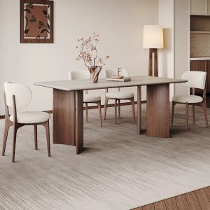 Retro Style Dining Table And Chairs Hole Stone Rock Panel Solid Wood Rectangle French Vintage Wabi Sabi Home Use Table