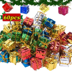 12/24/60pcs Mini Christmas Ornaments Foam Gift Box / Assorted Color Foil Boxes Hanging Ornaments / Foam Gift Box Xmas Tree Decoration / DIY Christmas New Year Party Ornament Supplies