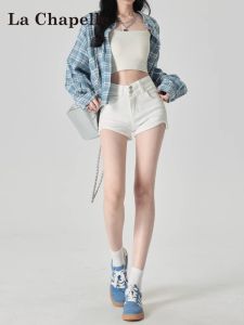 High Waist Denim Shorts Womens Summer Slim Fit Elastic A-Line Hot Pants La Chapelle White Washed Jeans Short Length Shorts