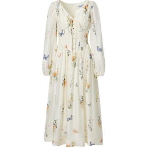 TAMMY TANGS | Romantic Floral Print Long Sleeve Dress Womens High Waist Fishbone Belt Slimming Print Dress City Commute Work Date Party