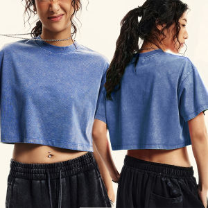 2026 Y2k Solid Cotton Washed T-Shirts Womens Summer Loose O-Neck Crop Tops Casual Vintage Short Sleeve Tees Street Clothes